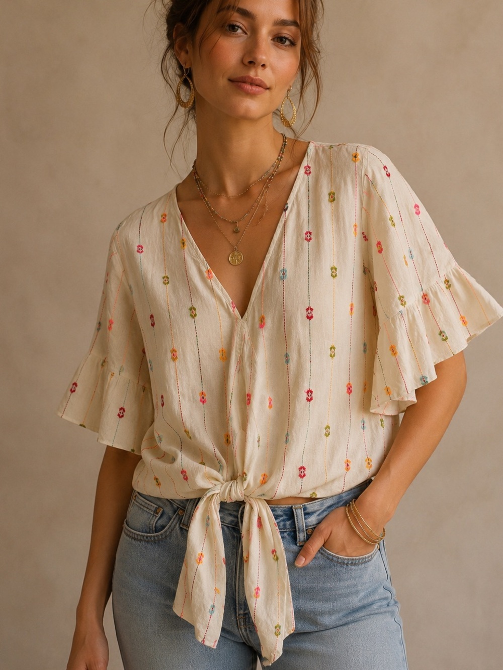 Mod Goddess Embroidered Tie Front Boho Cotton Top Medium Ivory Flutter Sleeve
